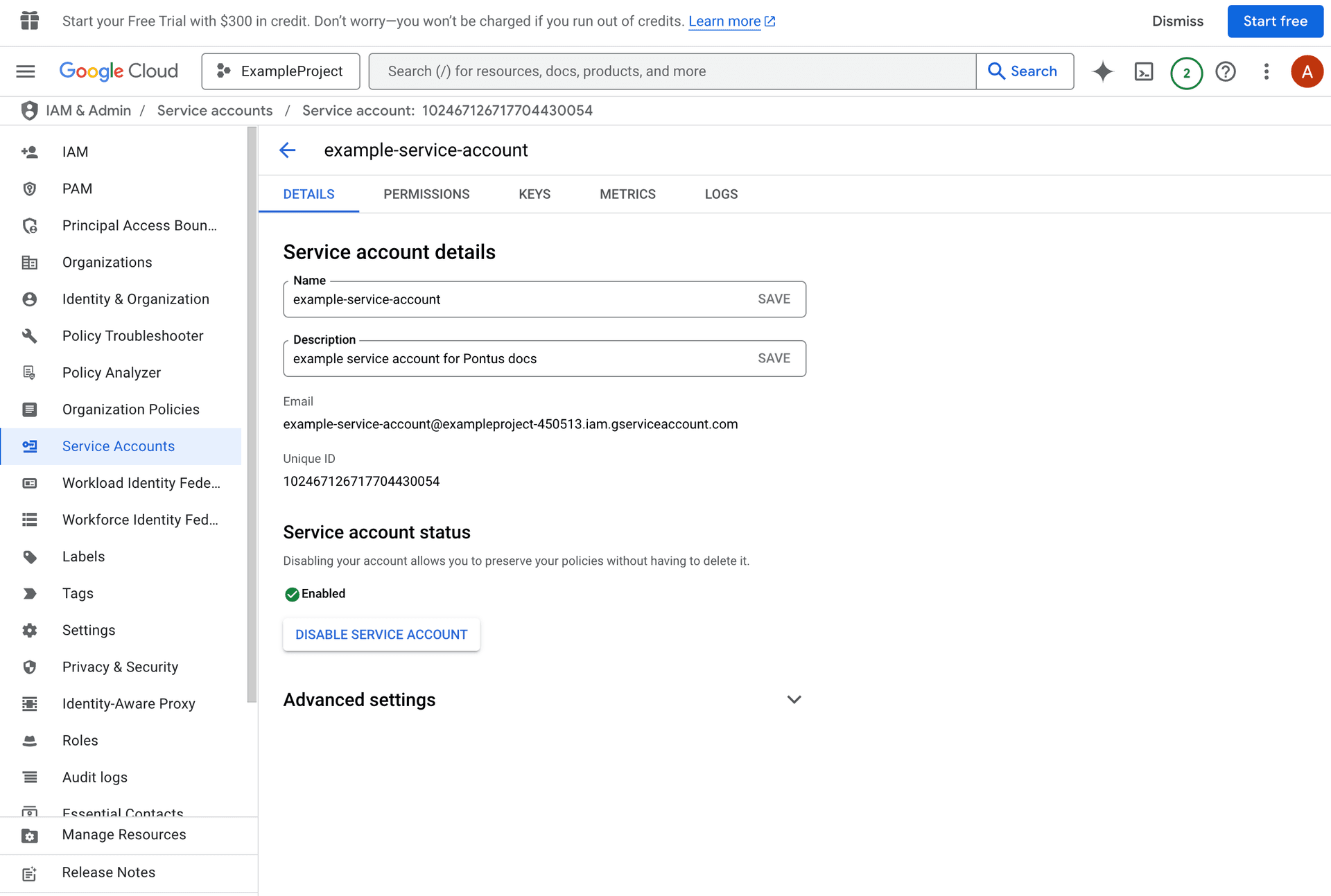 Service Account Settings